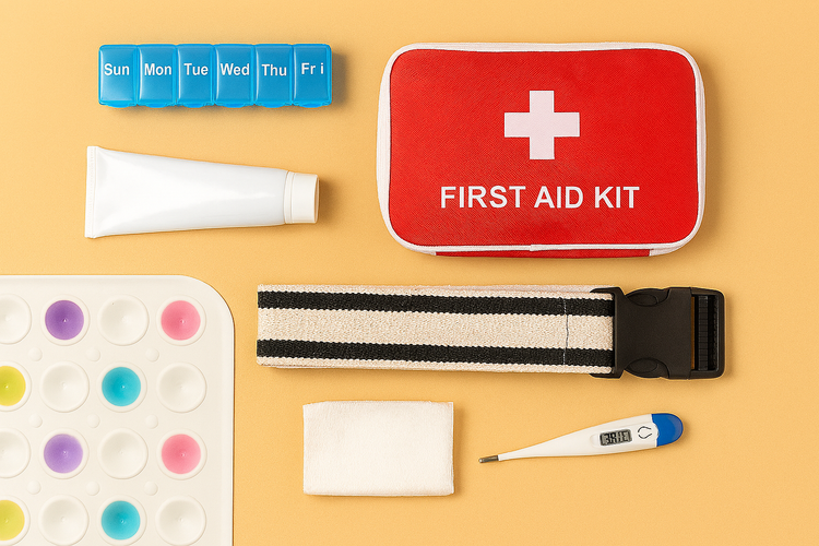 group of items - first aid kit, gait belt, thermometer, pill organizer, ointment