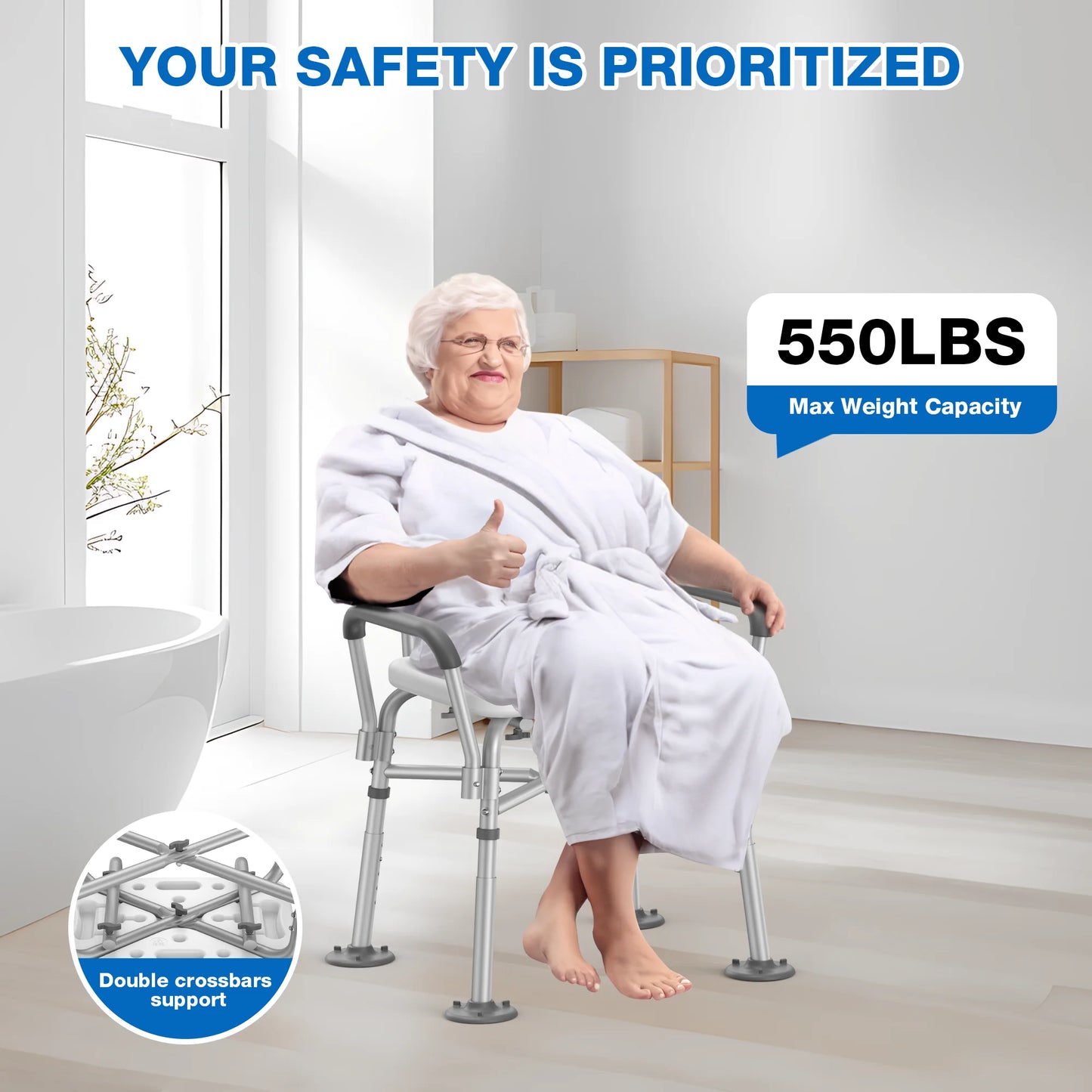 Person using a shower chair with safety features highlighted, including weight capacity and double crossbars support.