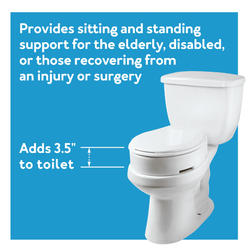 Carex Elongated Toilet Seat packaging with product features for home health care and bathroom safety.