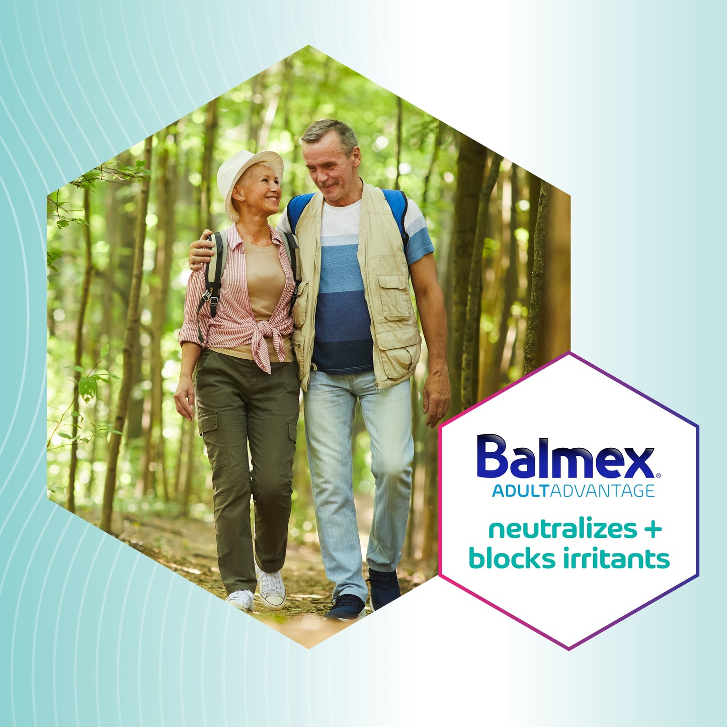 Couple hiking in a forest with Balmex product information overlay.