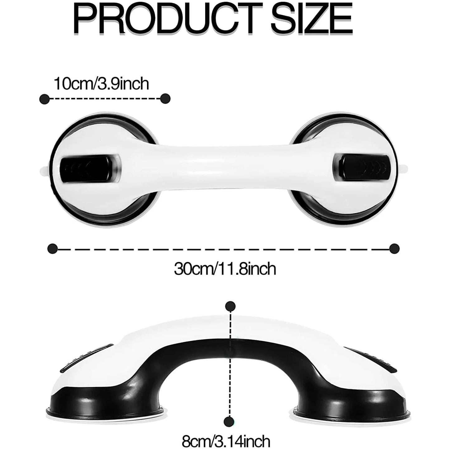 Measurement chart showing dimensions of a white and black product with measurements in centimeters and inches.