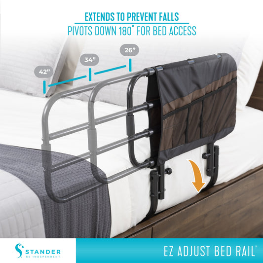 EZ Adjust Bed Rail with measurements and features on a bed