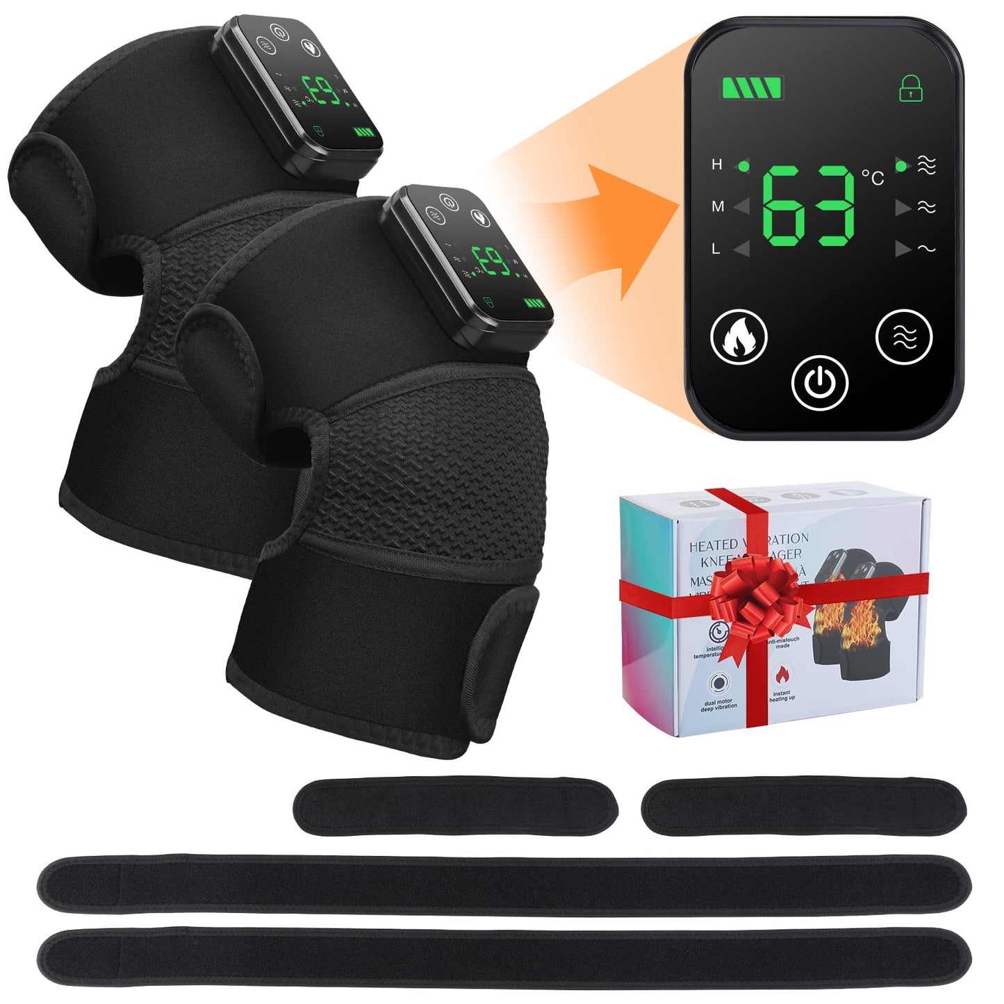 Heated knee pads with digital controller and packaging on a white background