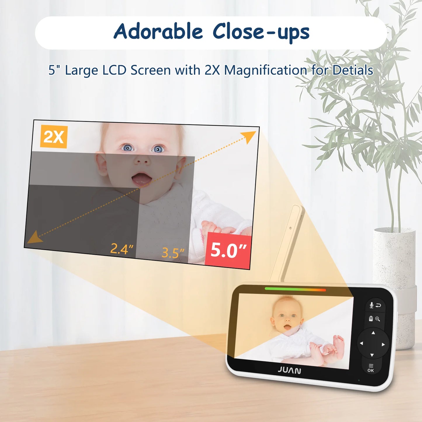 Video monitor with a large LCD screen and close-up feature, displaying a baby's face.
