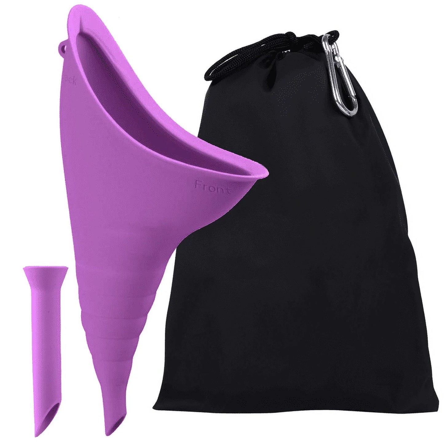 Purple silicone product with black drawstring bag on a white background