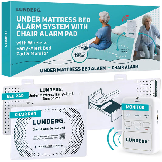 Lunderg under mattress bed alarm system with chair alarm pad packaging and components.