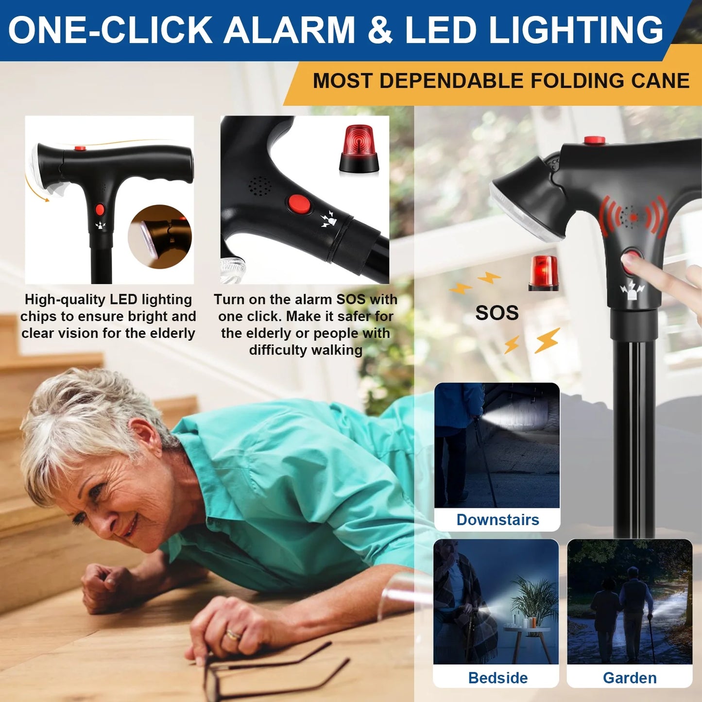 Walking Canes for Men and Women, Foldable, Adjustable, Aluminum Canes with LED Flashlight, Fall Alarm, Free Standing Cane, Pivot Tip, Heavy Duty Walking Sticks for Seniors & Adults