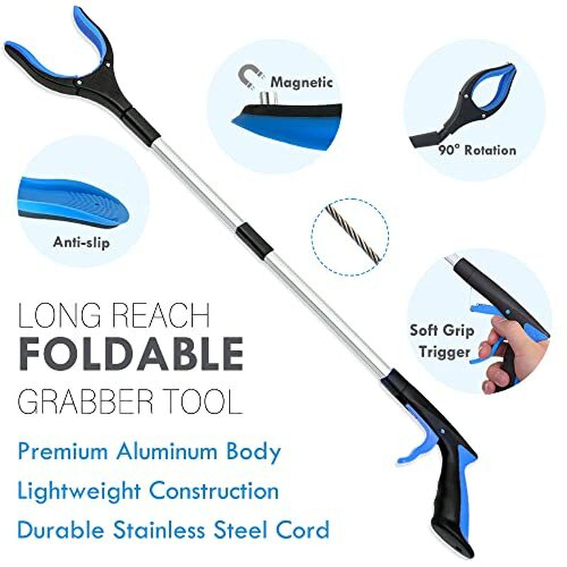 Long reach foldable grabber tool with features highlighted on a white background
