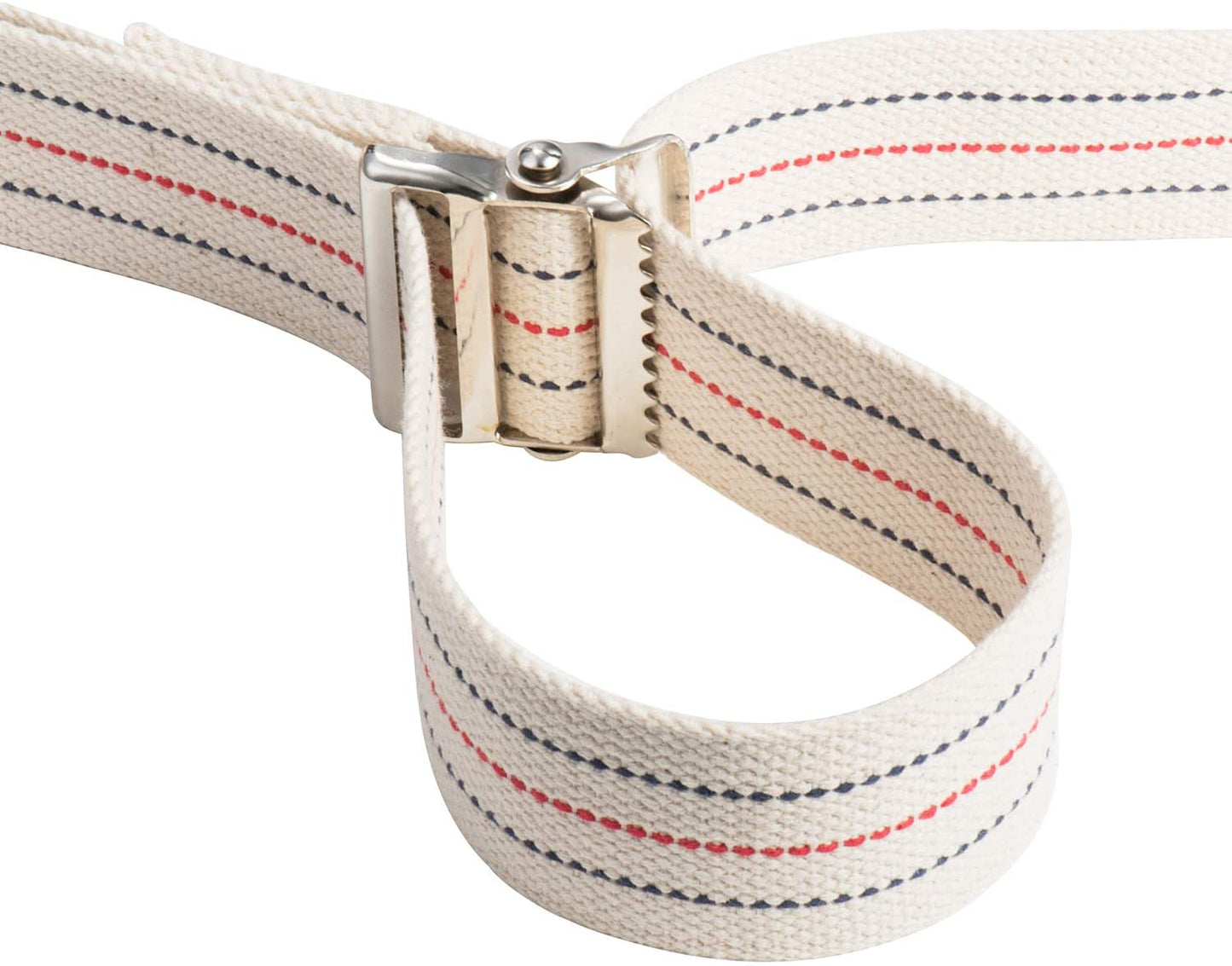 Close-up of a beige belt with red and black stitching and a silver buckle on a white background.