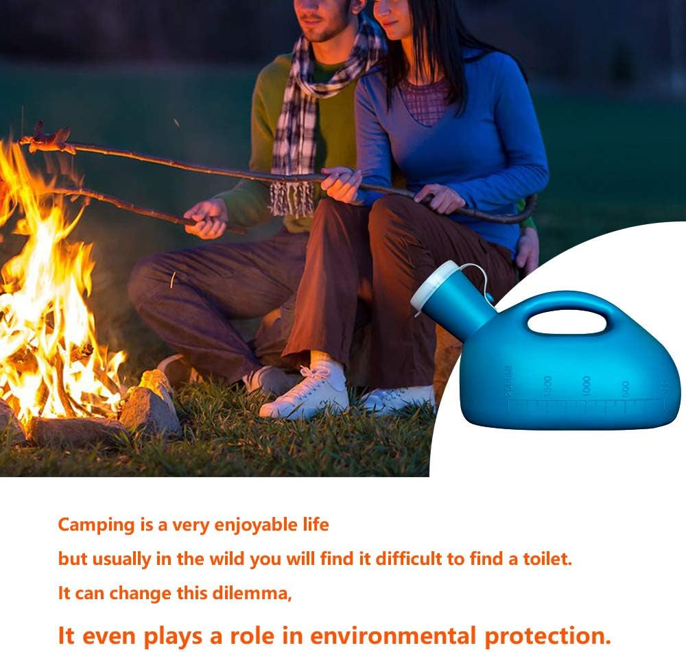 Two people sitting by a campfire with a blue water container displayed.