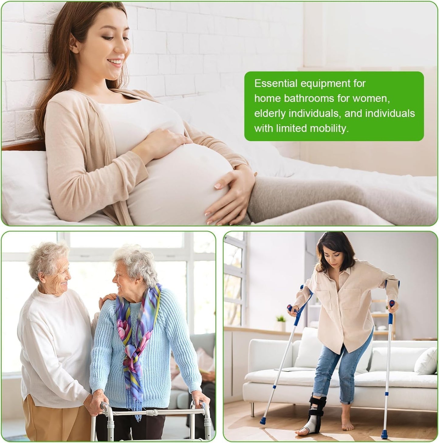 Collage of a pregnant woman, two elderly women using walkers, and a woman with limited mobility using crutches.