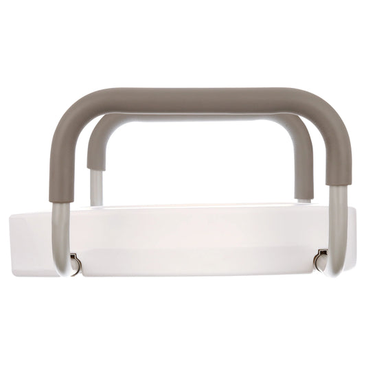 Side profile of Carex toilet seat showing elevation and ergonomic armrests for safe sit-to-stand transitions.