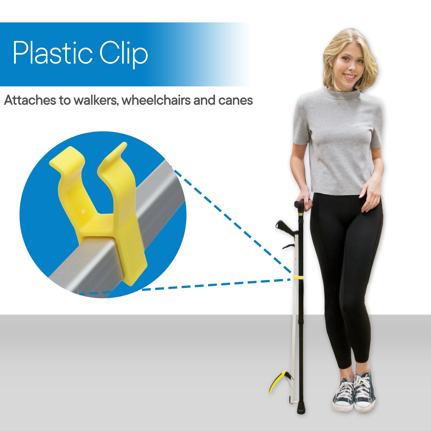Woman holding a cane with a plastic clip attachment, demonstrating its use on walkers, wheelchairs, and canes.