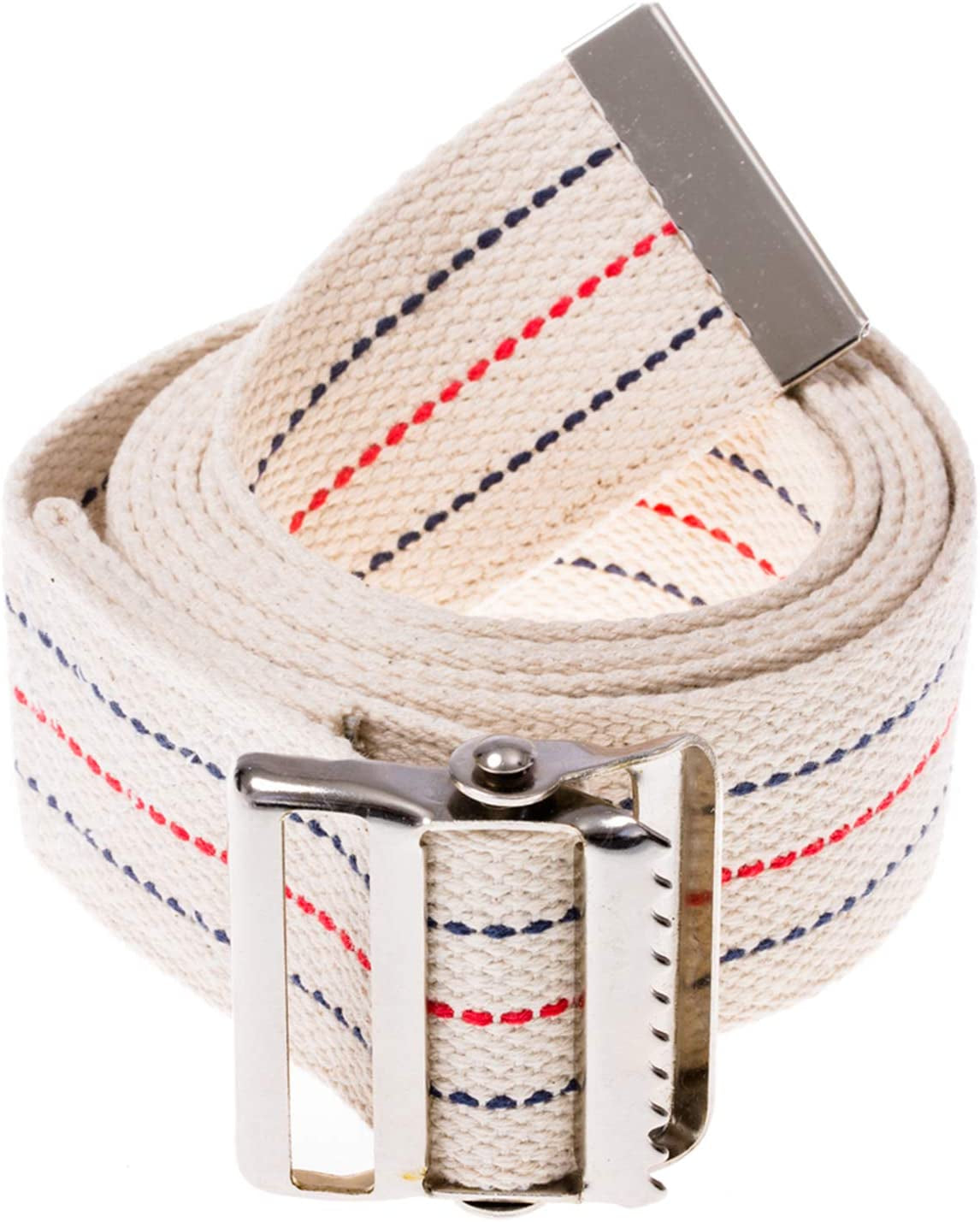 Woven belt with red and blue stripes and a metal buckle on a white background