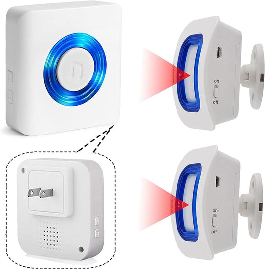 White electronic device with blue light and red laser pointer on a white background