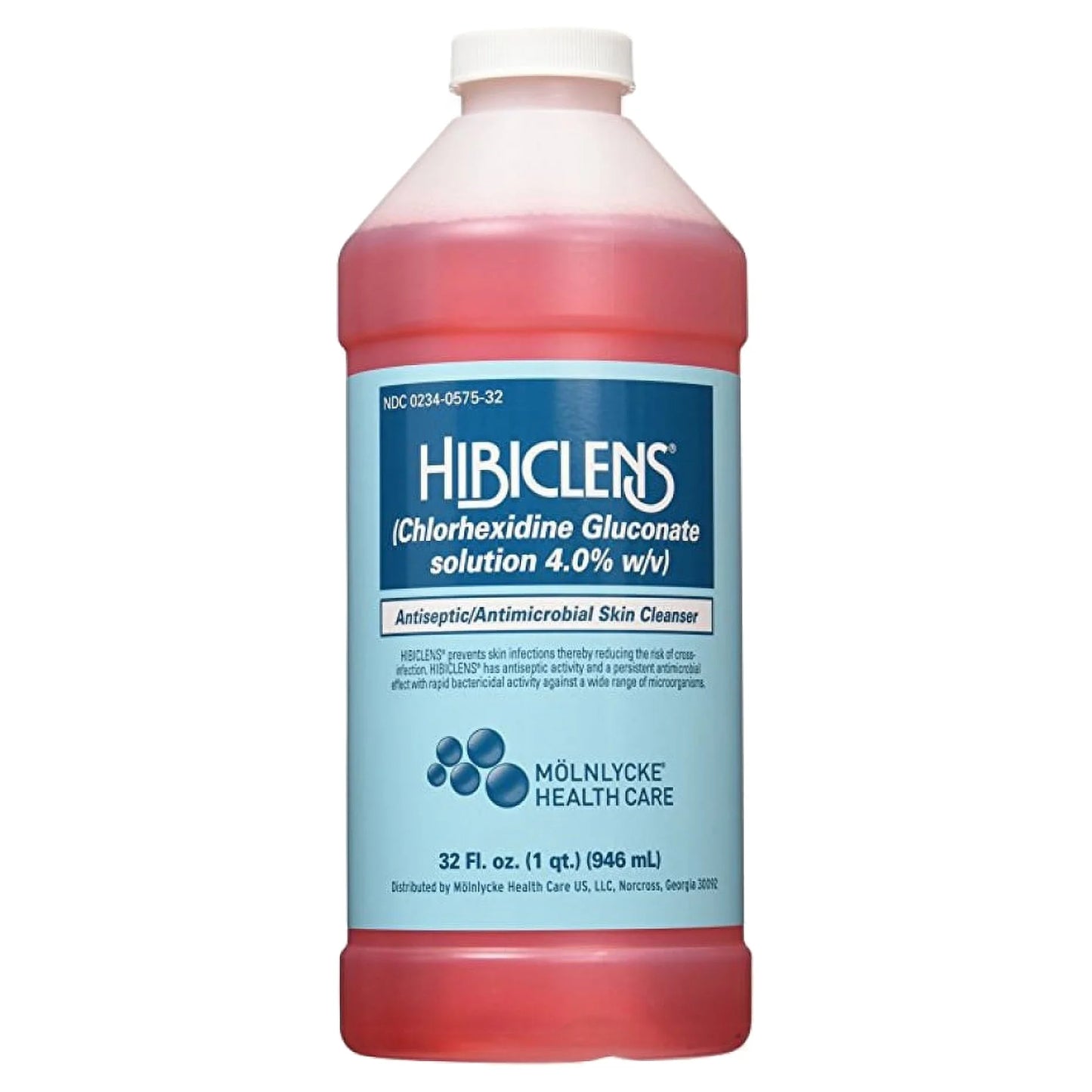 Bottle of Hibiclen's solution with blue label on a white background