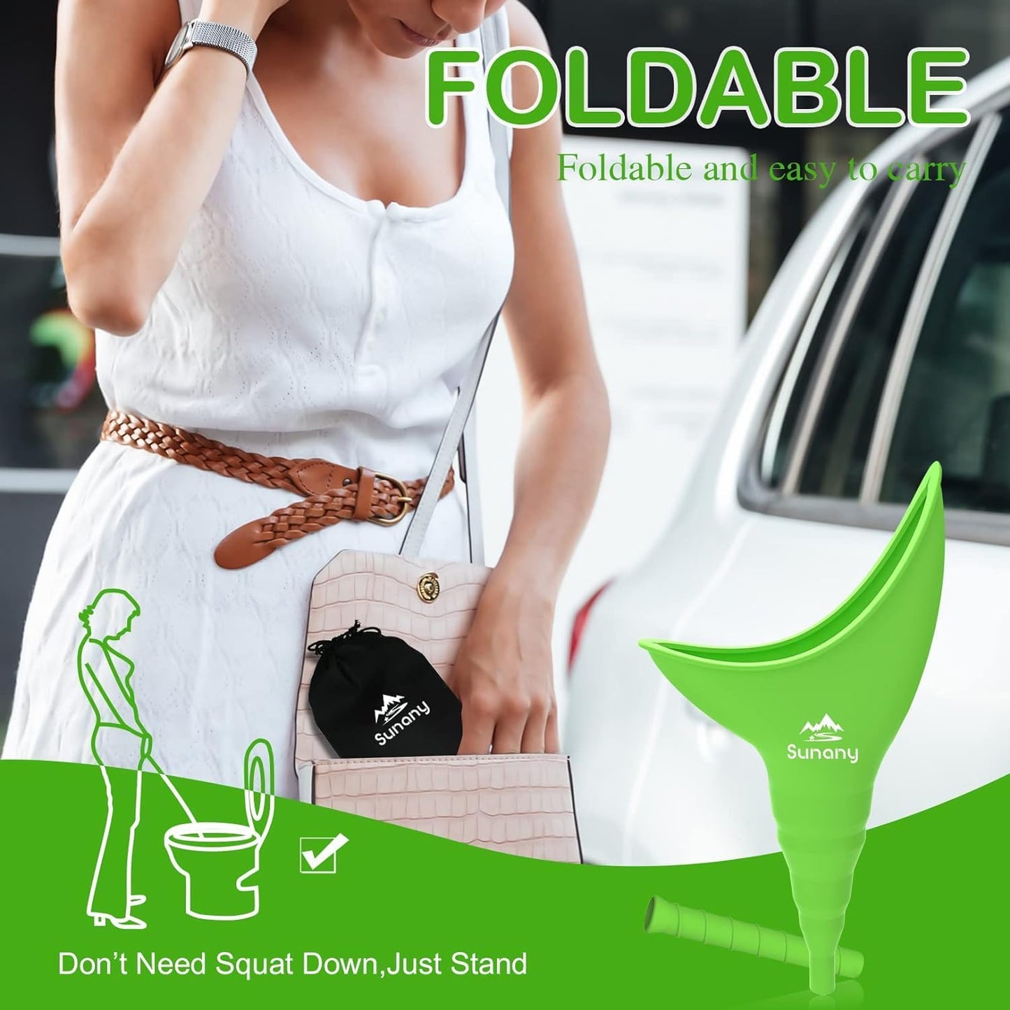 Woman holding a bag with a foldable product, car in background, promotional text 'Foldable and easy to carry'.