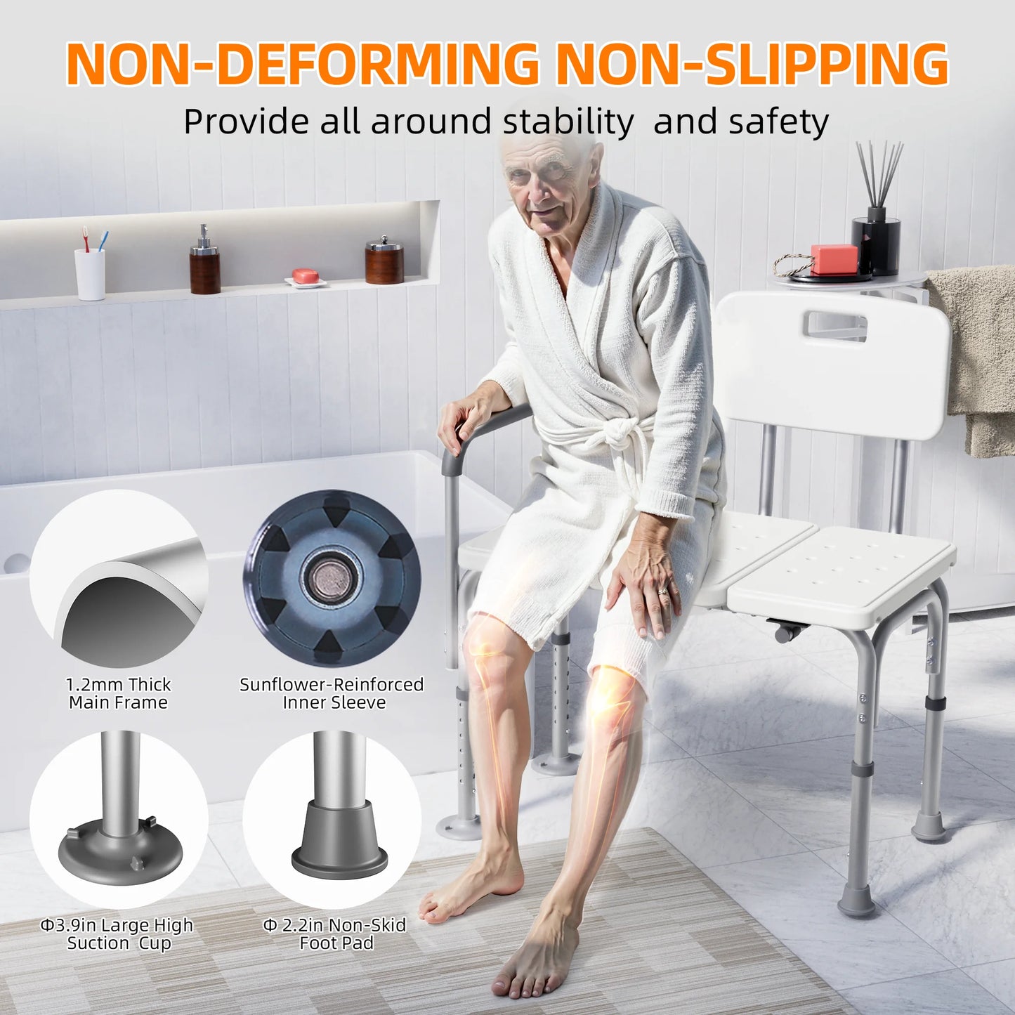 Bath safety aid with a man using it in a bathroom setting, highlighting features like non-deforming and non-slipping design.