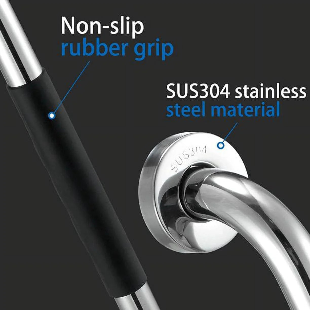 Close-up of a stainless steel grab bar with non-slip rubber grip and SUS304 stainless steel material text.