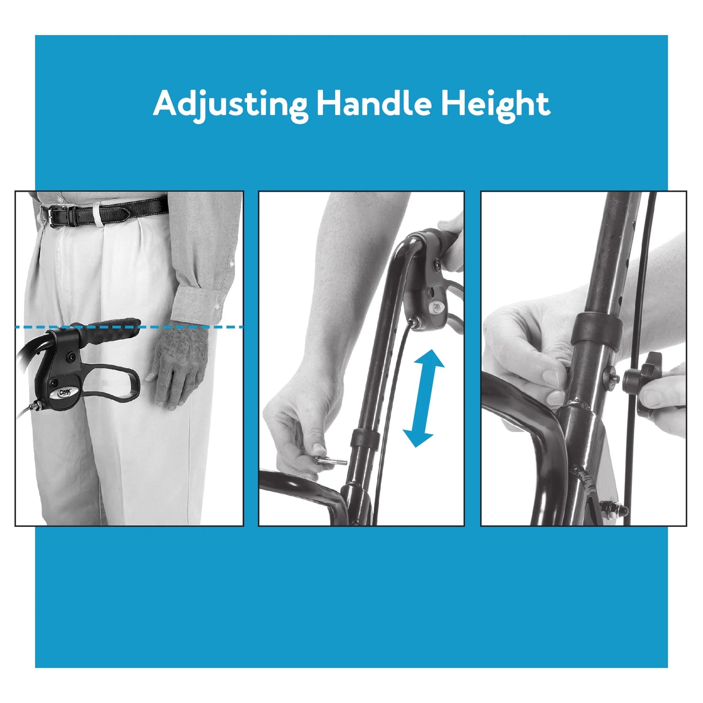 Instructions on how to adjust the handle height of a mobility device.