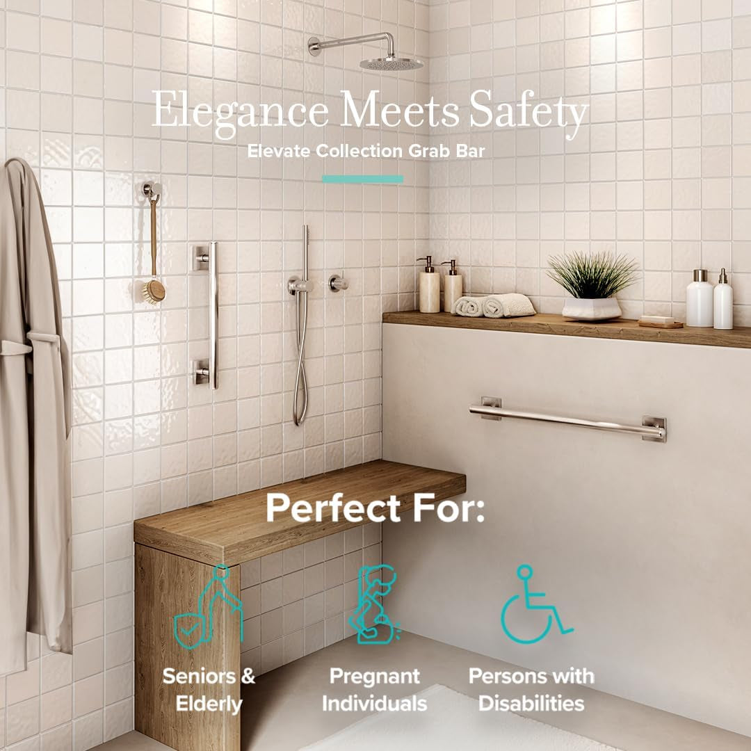 Bathroom with grab bar and wooden bench, featuring text about product use.
