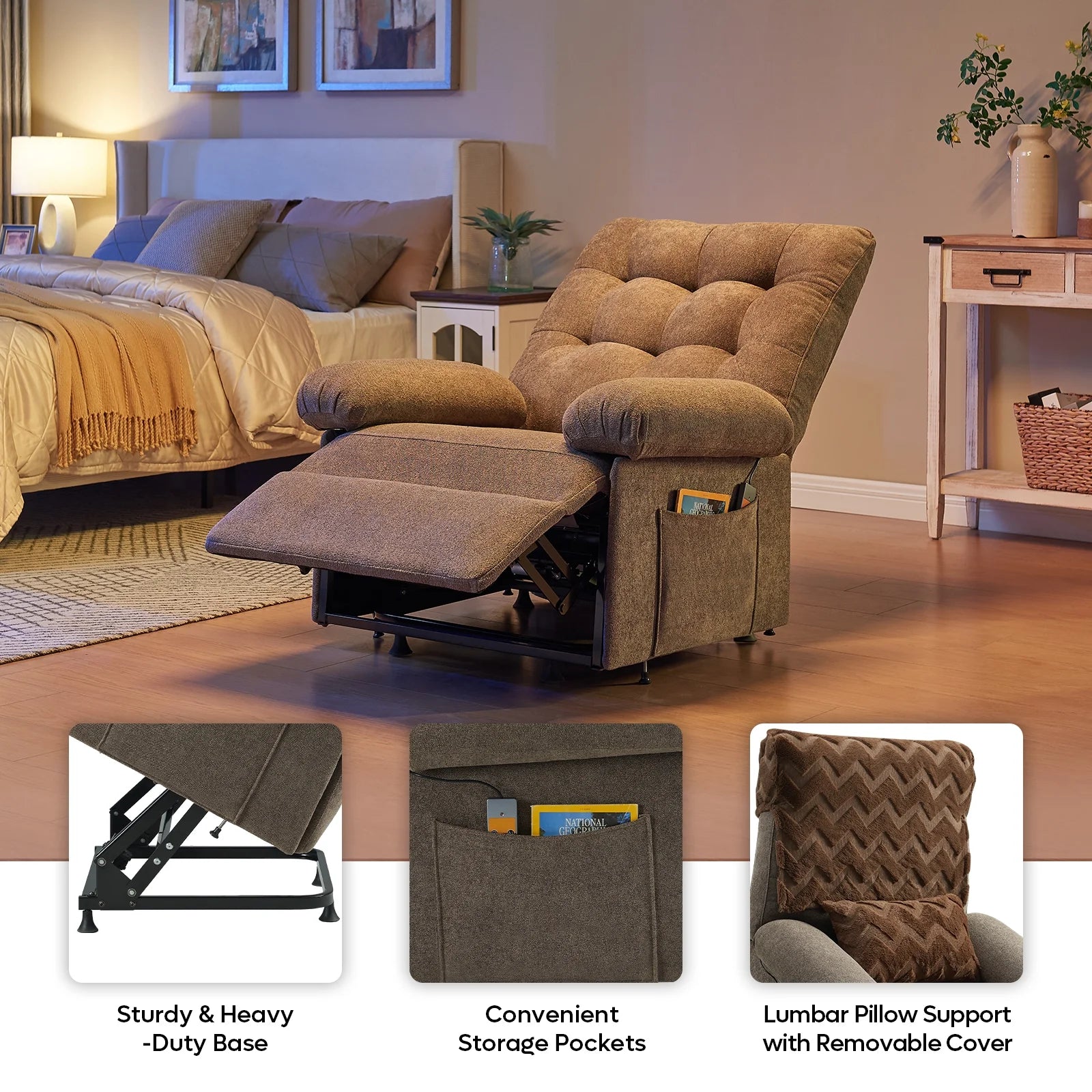 Brown recliner chair in a bedroom setting with additional features highlighted.