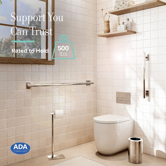Modern bathroom with toilet and towel rack, featuring ADA compliance.