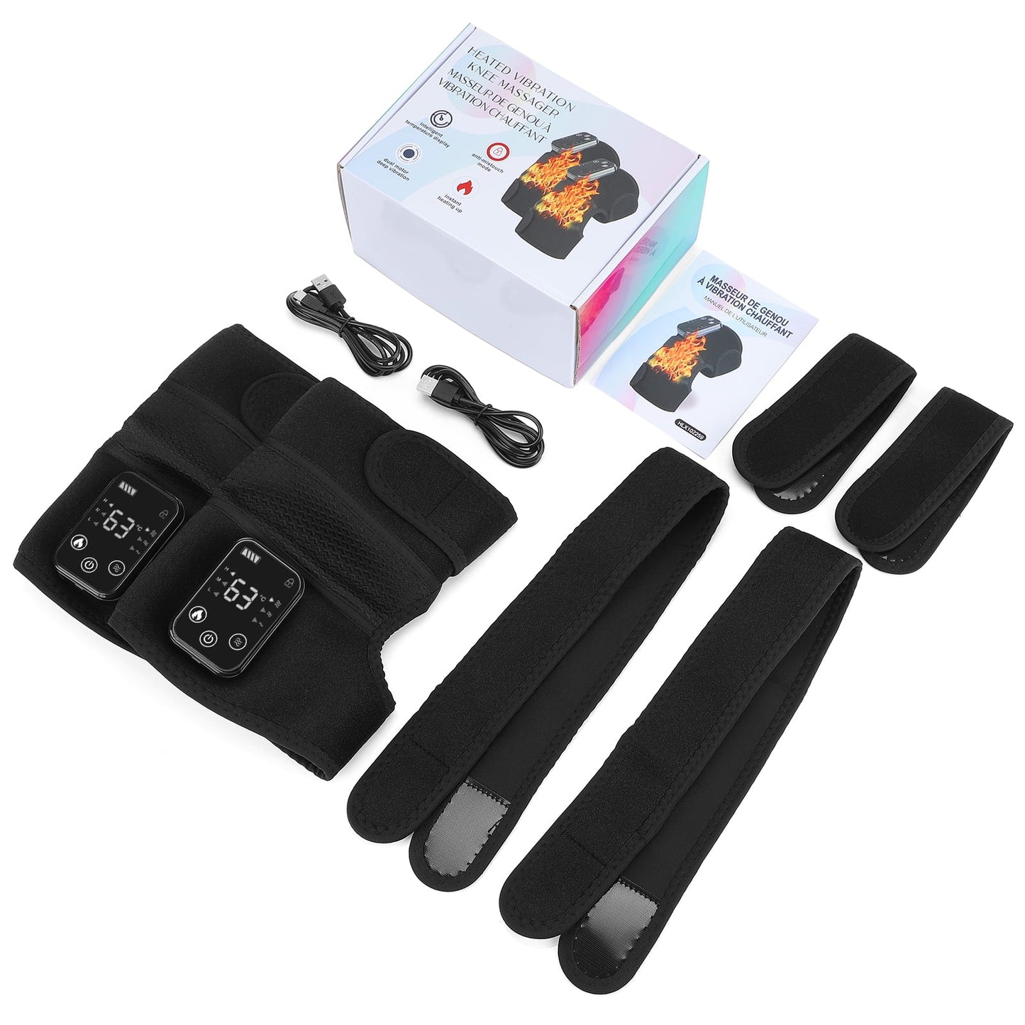 Black heating pads with digital displays, cables, and packaging on a white background