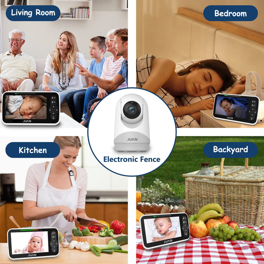Collage of a baby monitor in various settings including living room, bedroom, kitchen, and backyard.