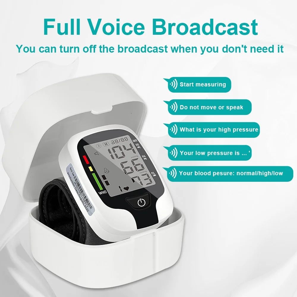 Blood pressure monitor with digital display on a white background