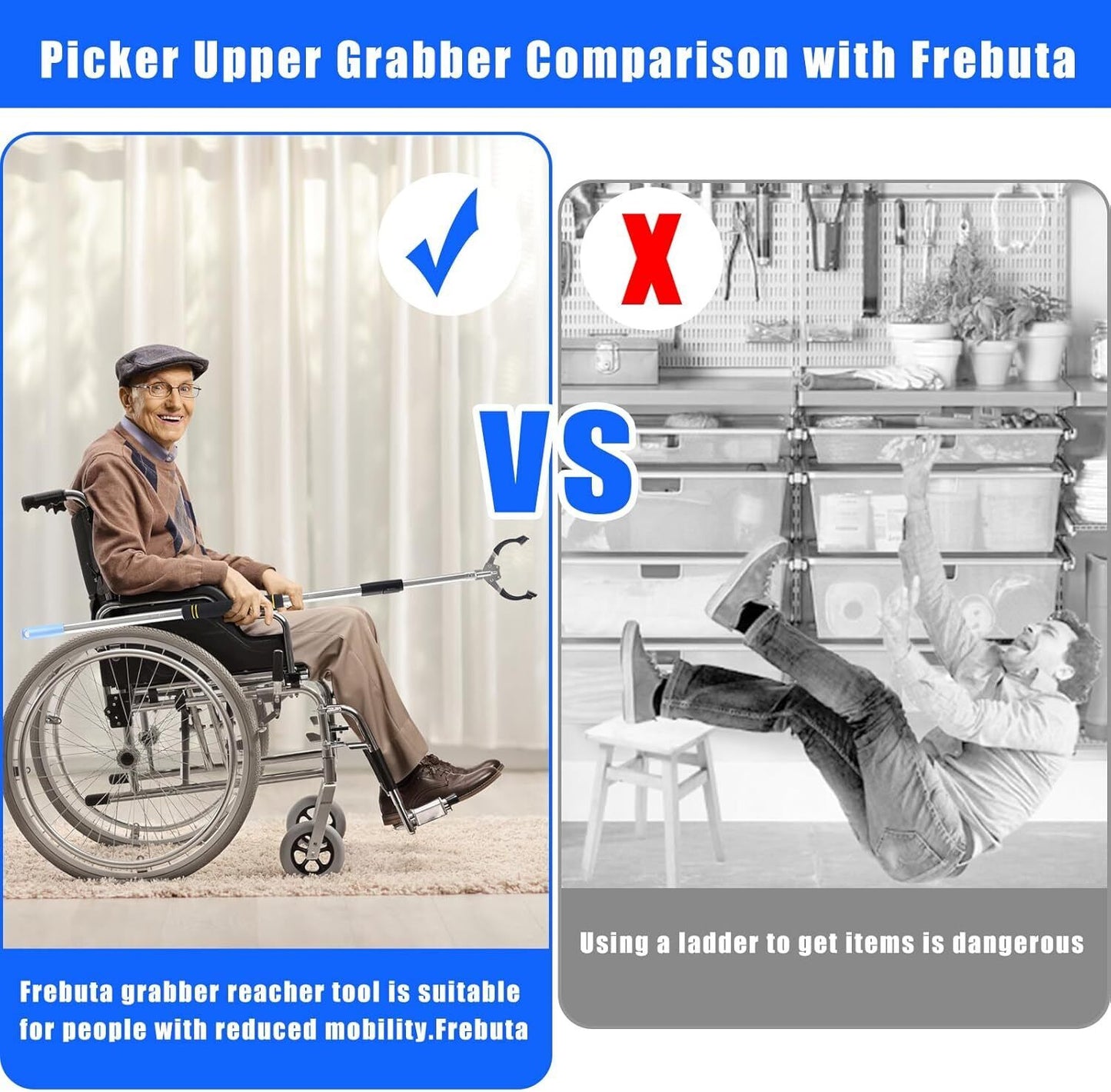 User picking up trash or reaching for items with Frebuta 53-inch grabber tool. Ideal for seniors and limited mobility.