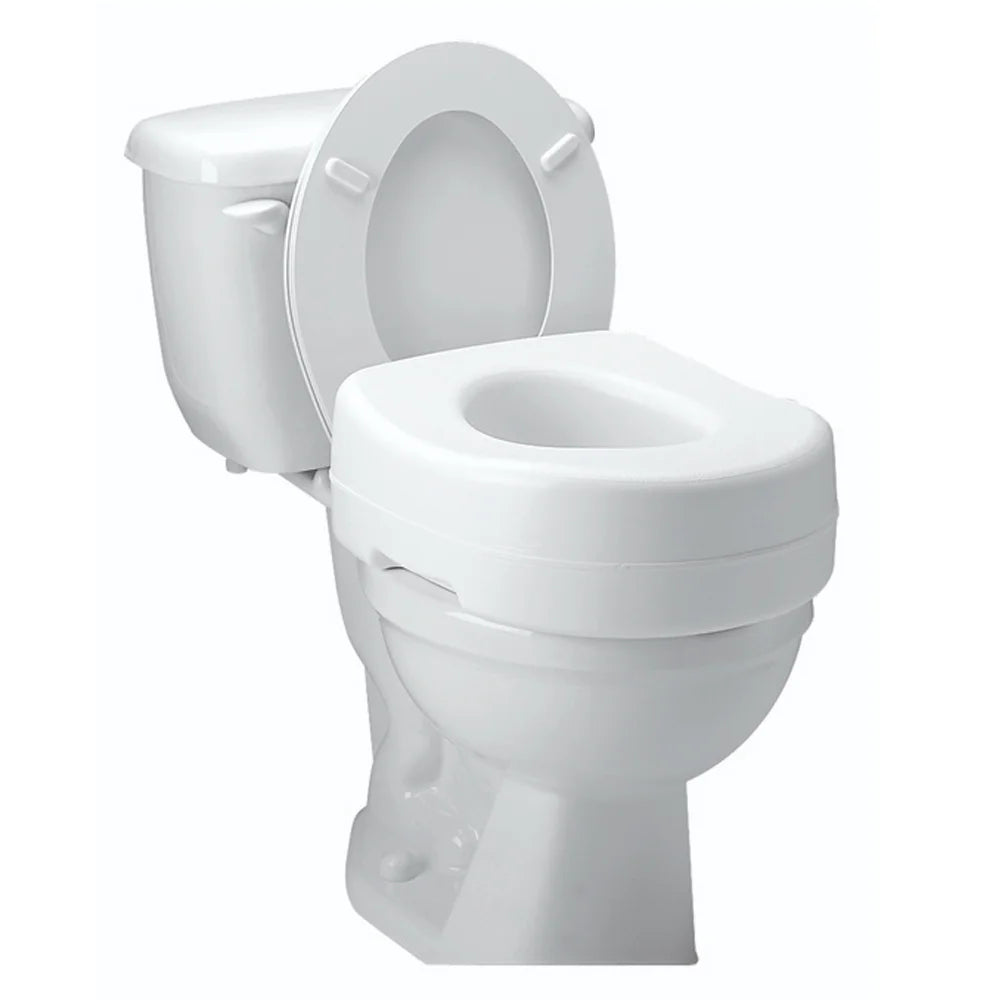 Carex Raised Toilet Seat installed on standard toilet. Designed for mobility support and easy sit-to-stand.