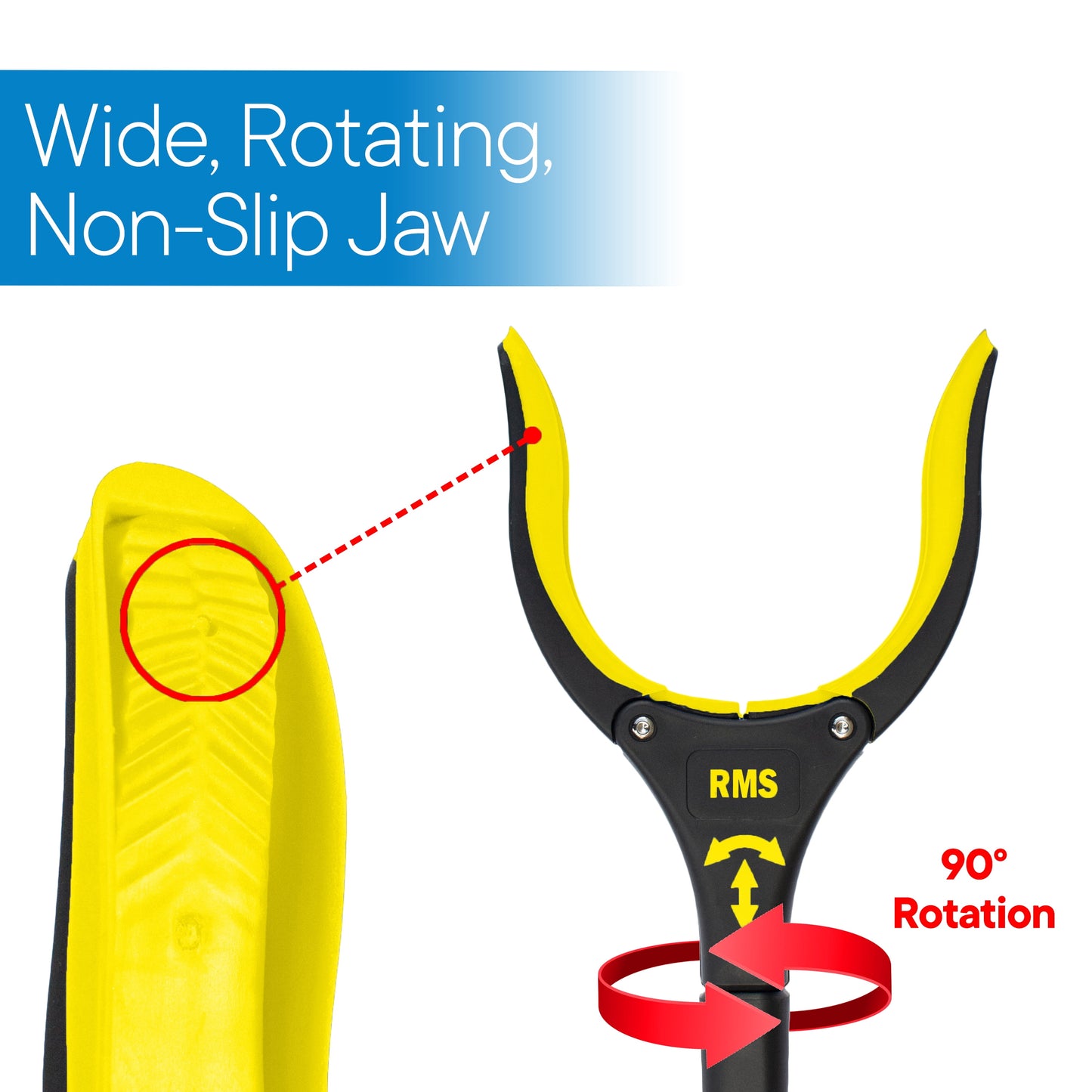Yellow and black RMS tool with wide, rotating, non-slip jaw feature on a blue and white background.