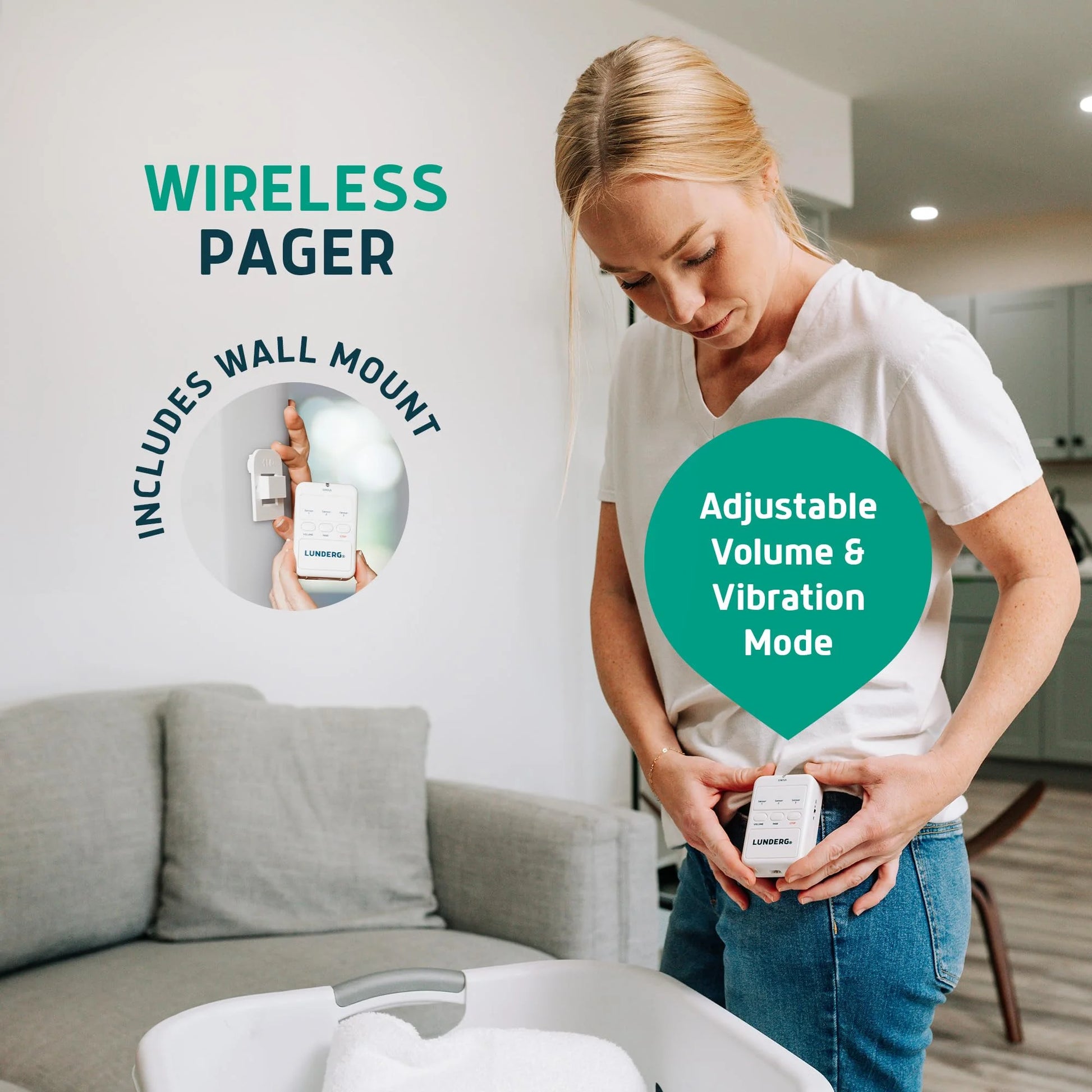 Woman holding a wireless pager with text highlighting features like wall mount, adjustable volume, and vibration mode.