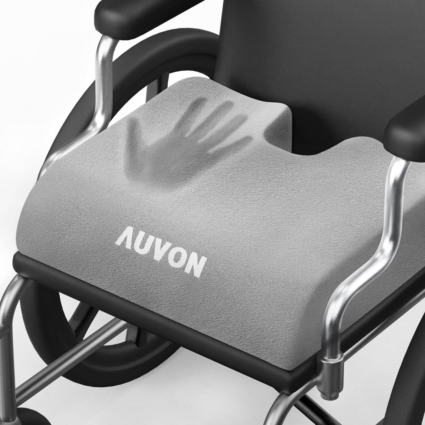 Gray wheelchair cushion with 'AUVON' branding on a wheelchair