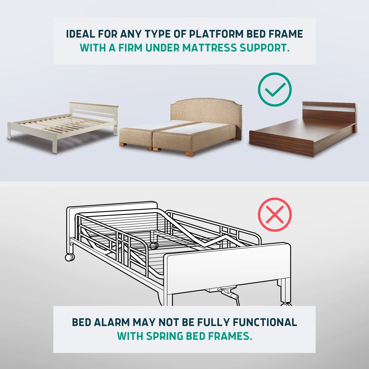 Bed alarm compatibility chart for platform bed frames with firm mattress support.