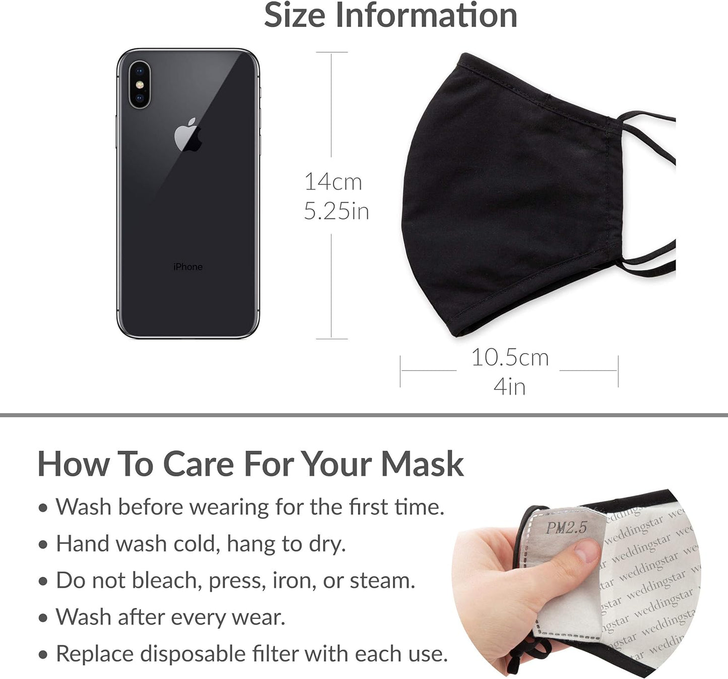 Black face mask with size information and care instructions on a white background