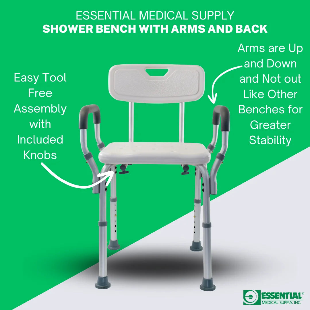 Shower bench with arms and back on a green and white background, featuring text about its features.