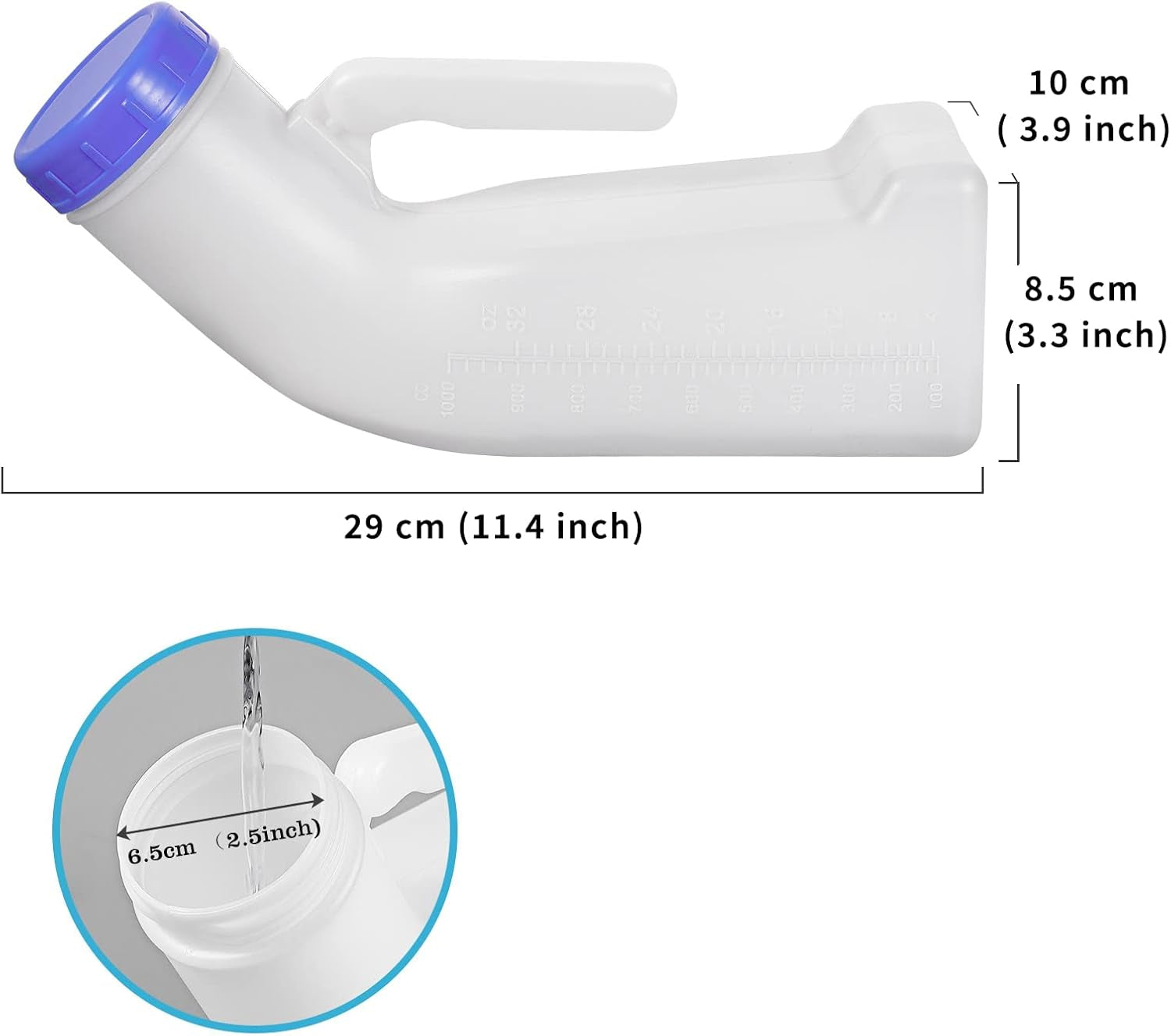 White plastic container with blue cap and measurements on a white background