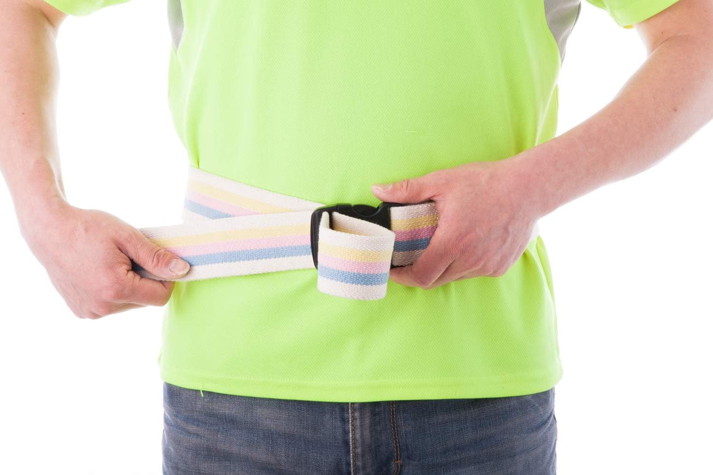 Person holding a colorful resistance band against a white background