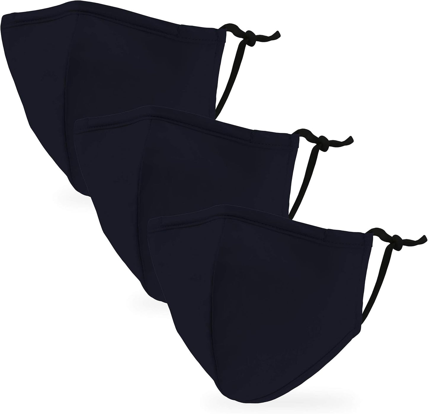 Three black face masks with ear loops on a white background