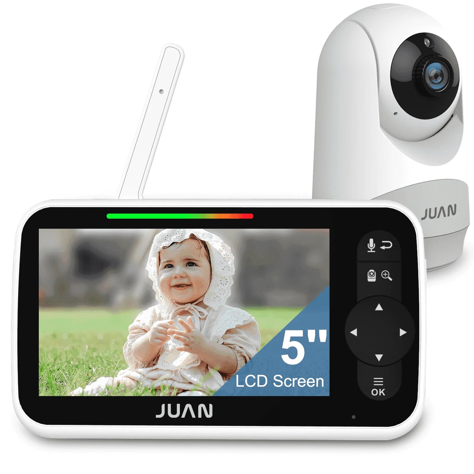 Baby monitor with a screen displaying a baby and the camera unit on a white background.
