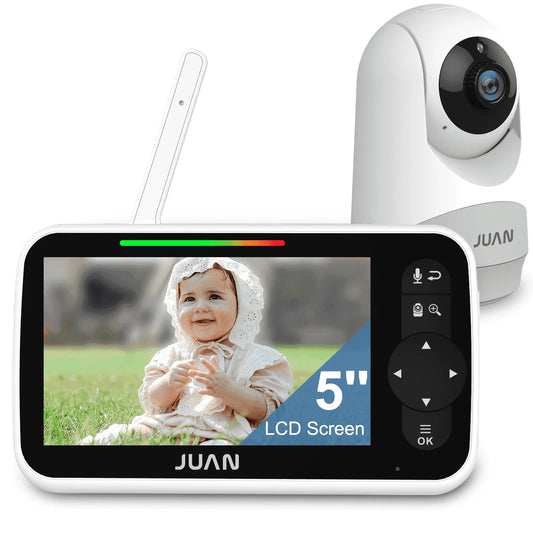 Baby monitor with a screen displaying a baby and the camera unit on a white background.
