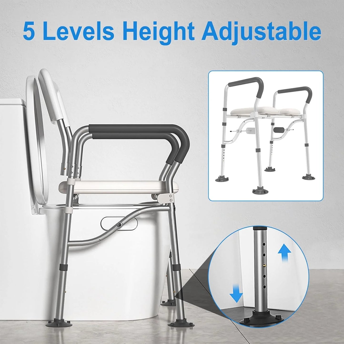 Side profile of BESTSLE adjustable toilet seat and shower chair showing aluminum frame, padded seat, and ergonomic design.