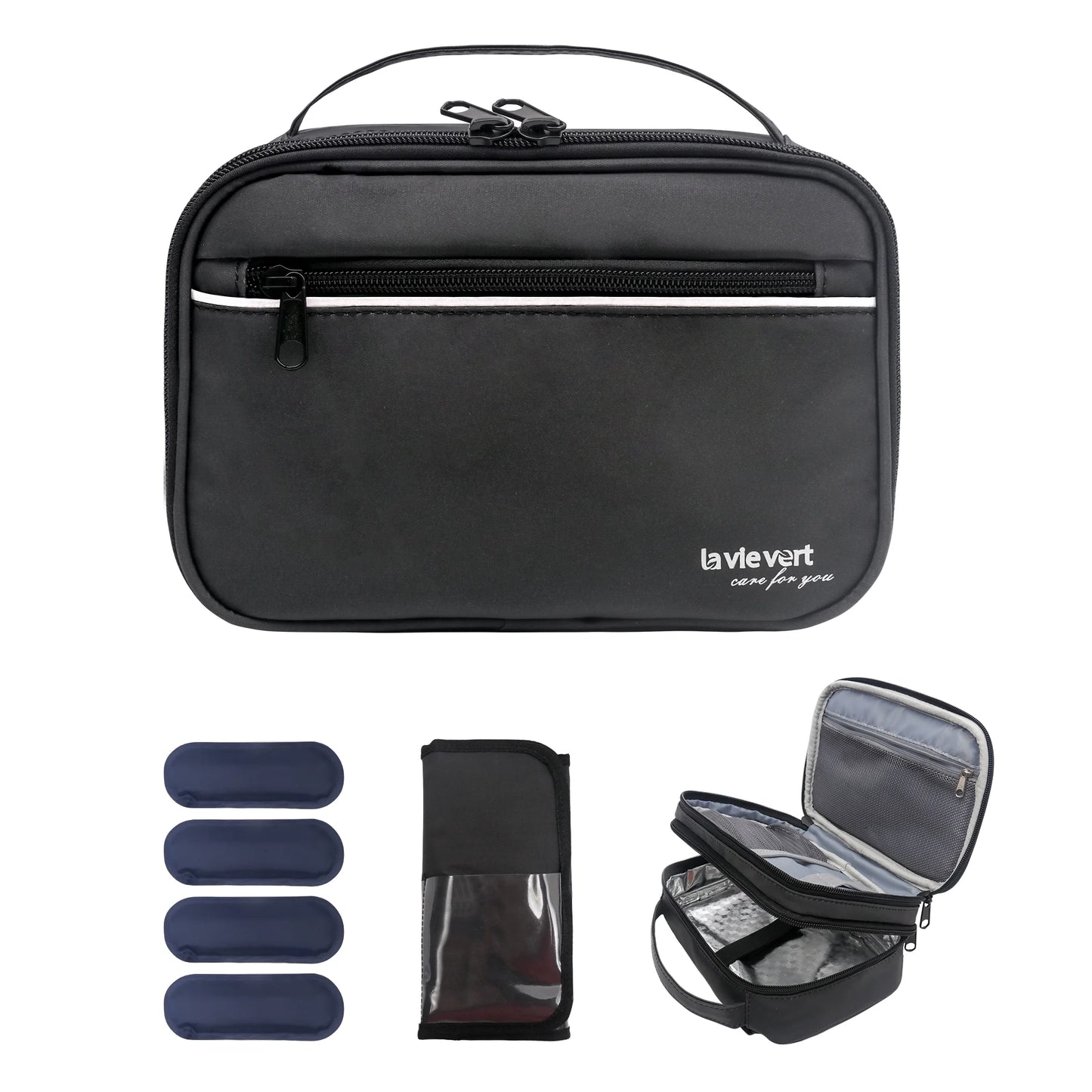 Diabetes Travel Carry Bag Insulin Cooler Case Diabetic Medication Cooler Diabetic Care Organizer with a Shoulder Strap and 4 Ice Packs - Black