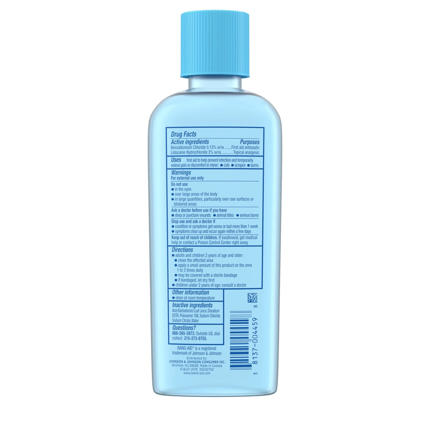 Blue bottle with a label on a white background