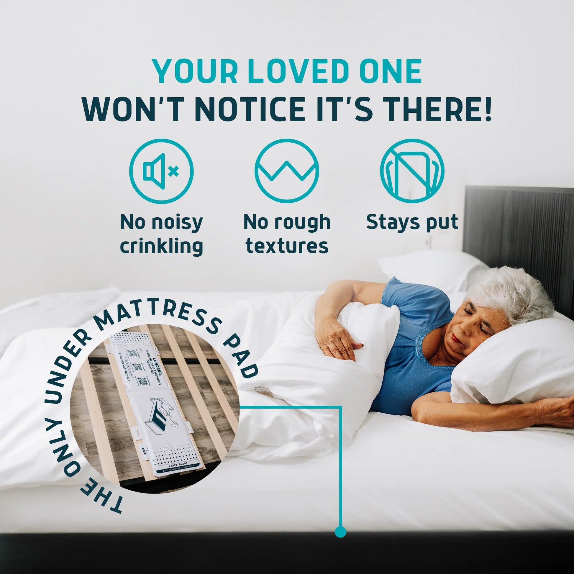 Woman lying in bed with a mattress pad, text highlighting features, and a close-up of the product.