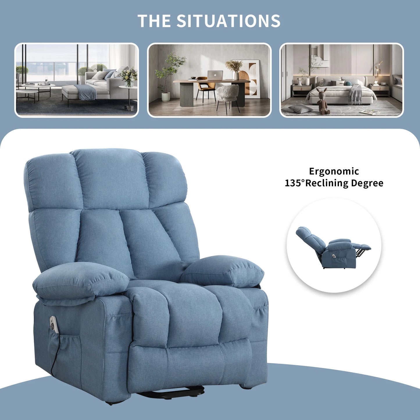 Blue recliner chair with ergonomic features on a white background