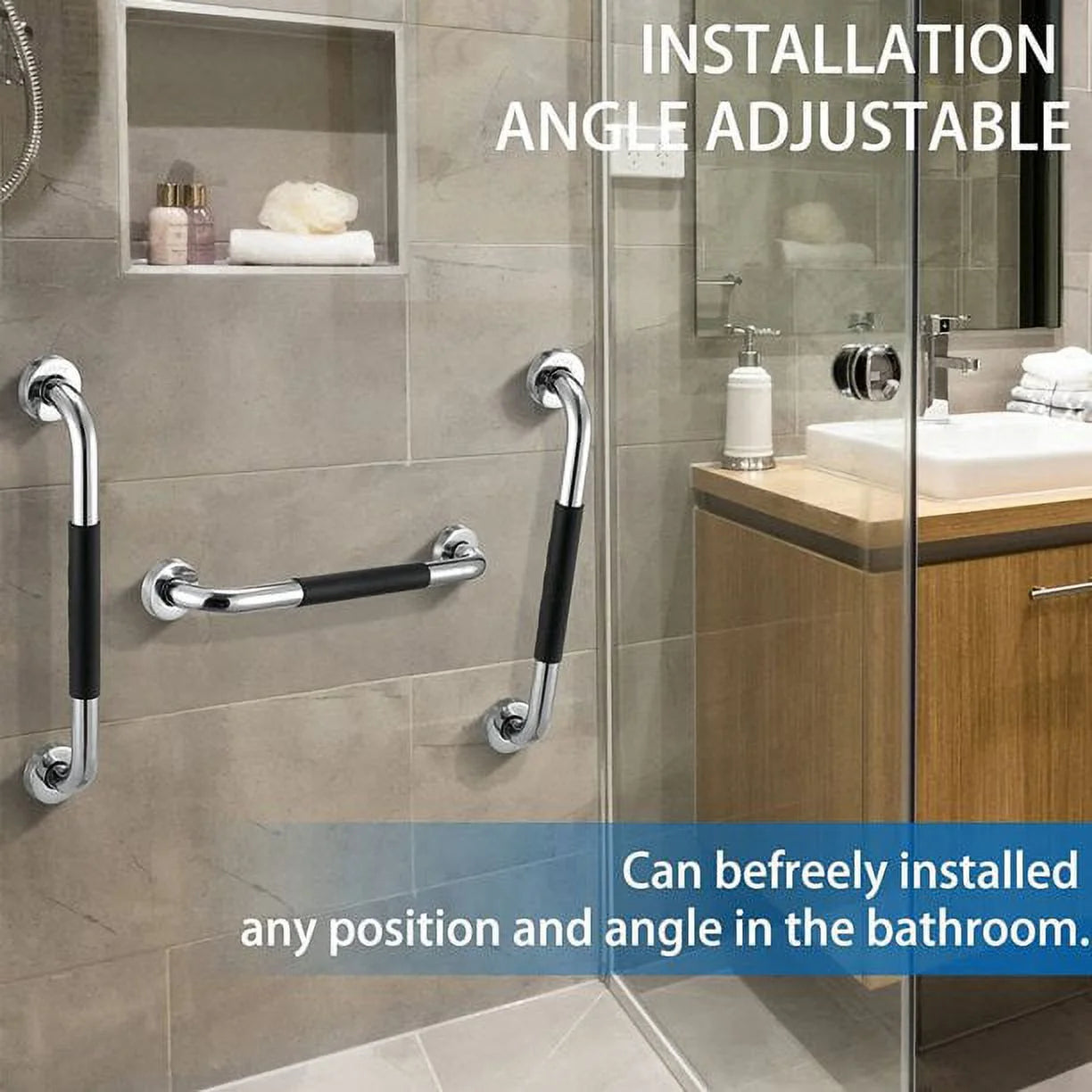 Bathroom with installation angle adjustable grab bars, sink, and mirror.