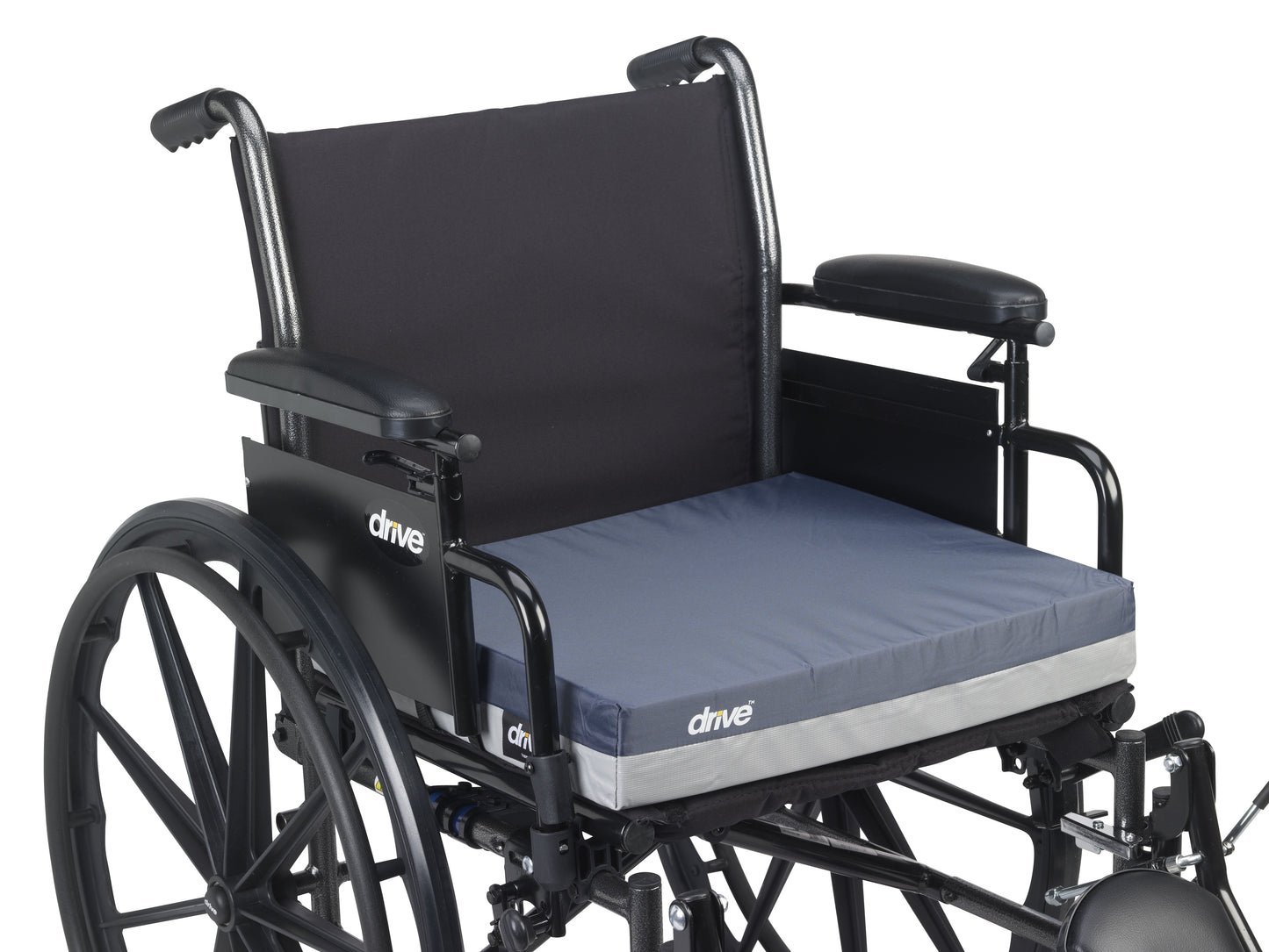 Wheelchair with a blue cushion on a white background